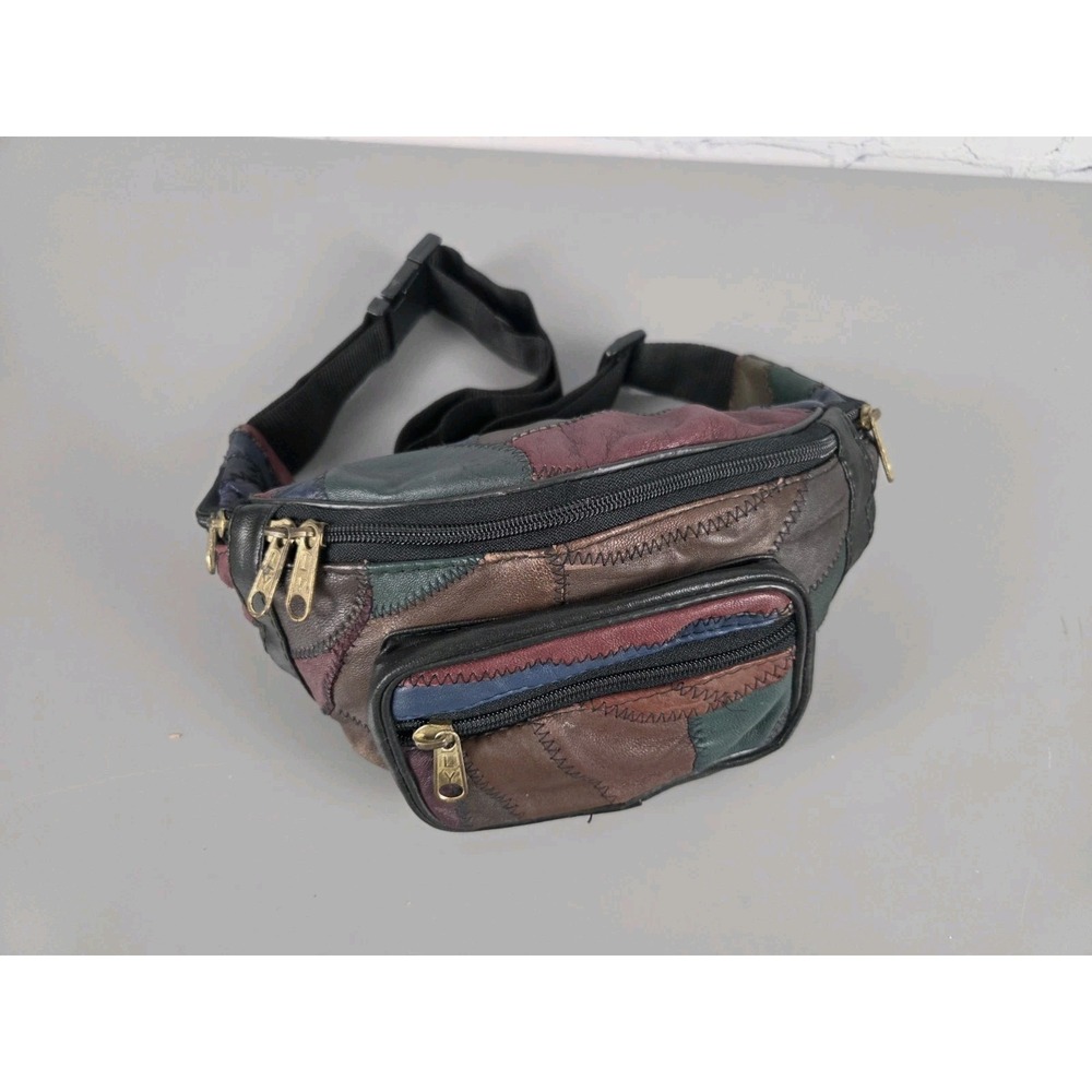 Vtg 90s Streetwear Leather Patch Fanny Pack Belted Waist Bag 6x9 5 Zipper Pocket